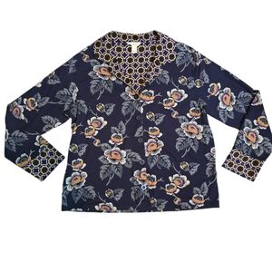 Vera Bradley Lounge Button Up Cotton Shirt Medium Blue Floral